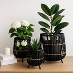 Load image into Gallery viewer, Planters Set of 3 - Black Bamboo Wood Footed, 10/14/17 in.
